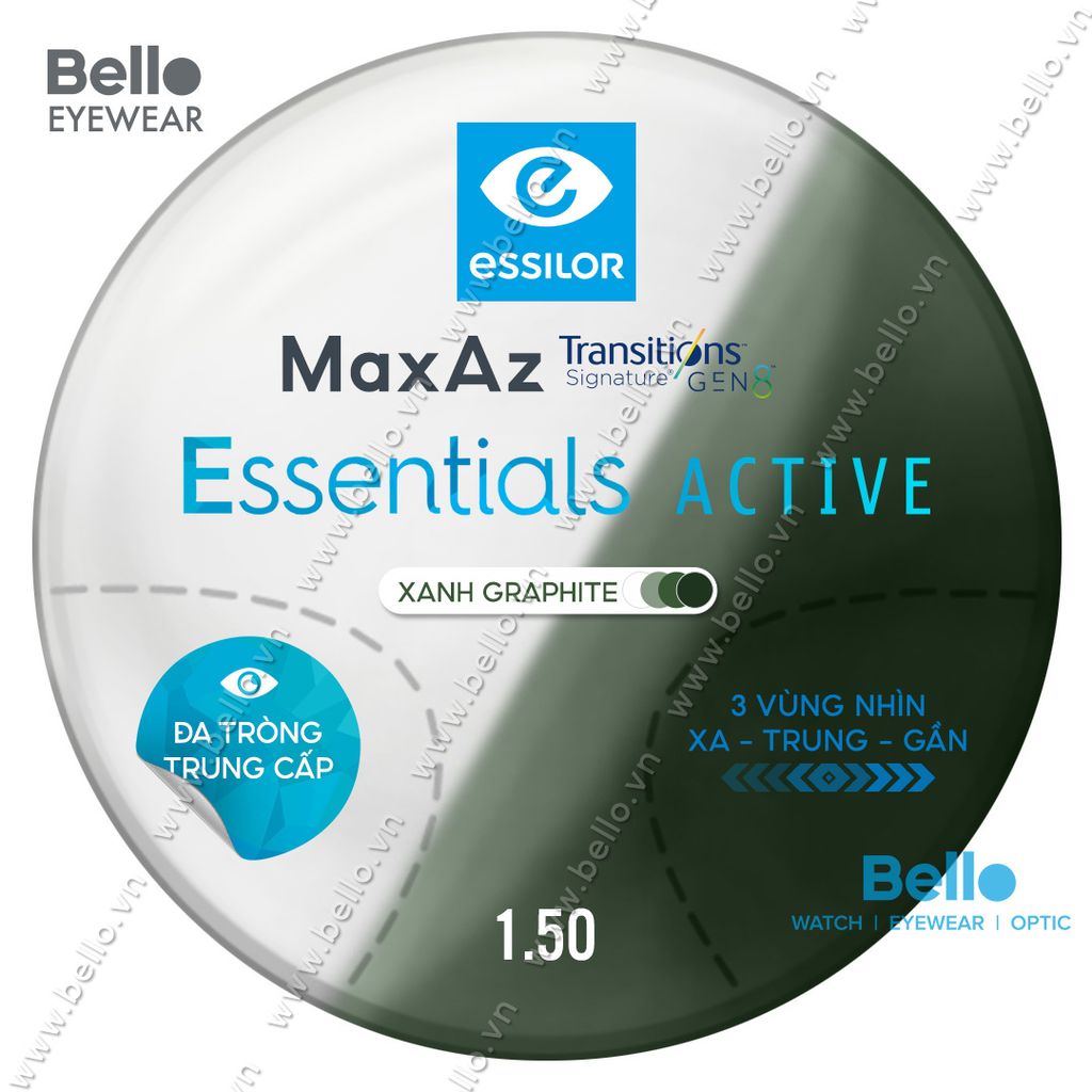  Đa Tròng Trung Cấp Đổi Màu Essilor Essentials Active Gen 8 Xanh Lá 