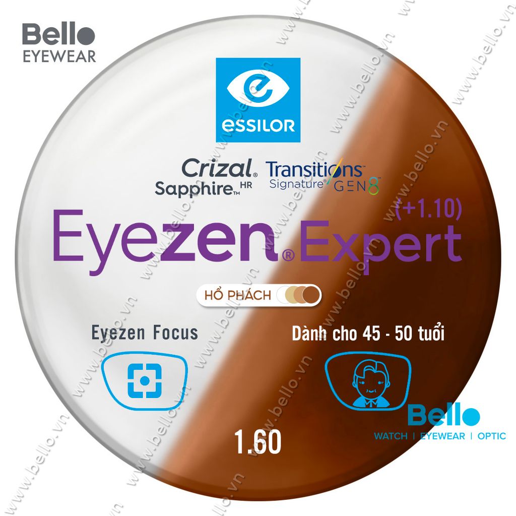  Tròng Kính Chống Mỏi Đổi Màu Essilor Eyezen Expert Gen 8 Hổ Phách cho người 45 đến 50 tuổi 