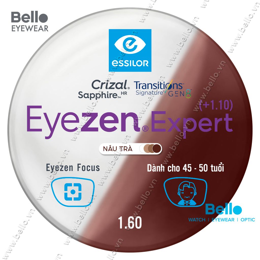 Tròng Kính Chống Mỏi Đổi Màu Essilor Eyezen Expert Gen 8 Nâu Trà cho người 45 đến 50 tuổi 