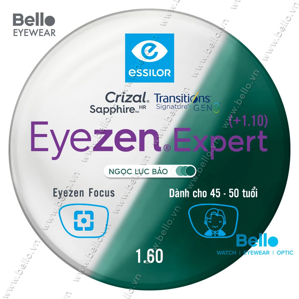  Tròng Kính Chống Mỏi Đổi Màu Essilor Eyezen Expert Gen 8 Ngọc Lục Bảo cho người 45 đến 50 tuổi 