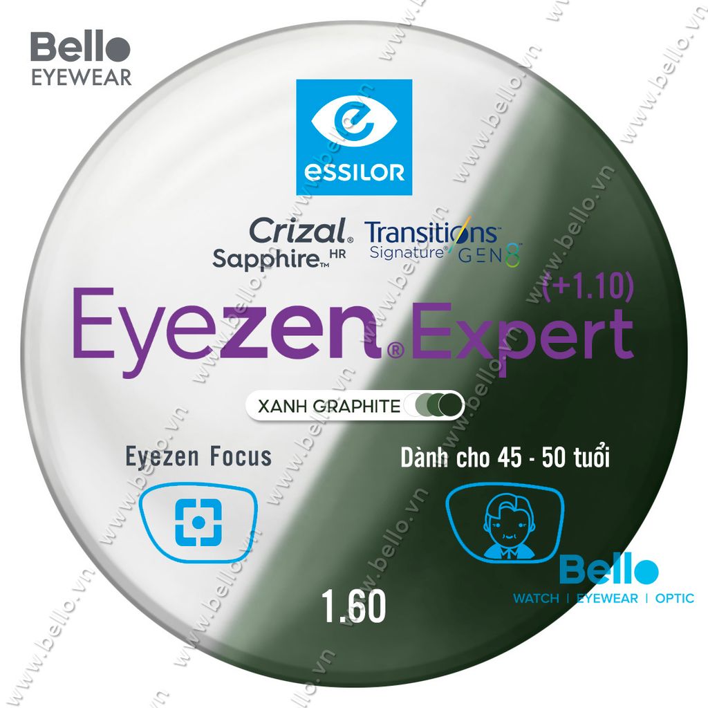  Tròng Kính Chống Mỏi Đổi Màu Essilor Eyezen Expert Gen 8 Xanh Lá cho người 45 đến 50 tuổi 