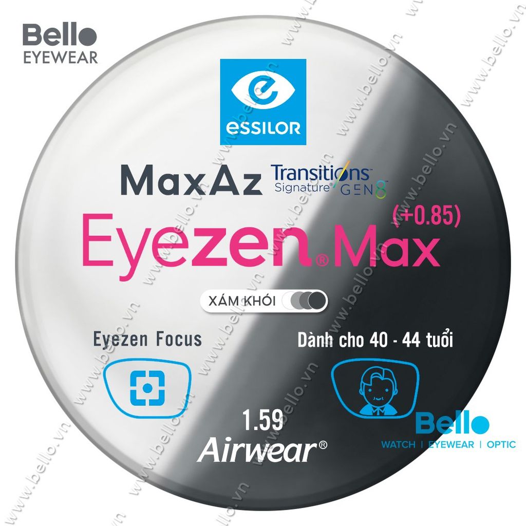  Tròng Kính Chống Mỏi Đổi Màu Essilor Eyezen Max Gen 8 Xám Khói cho người 40 đến 44 tuổi 