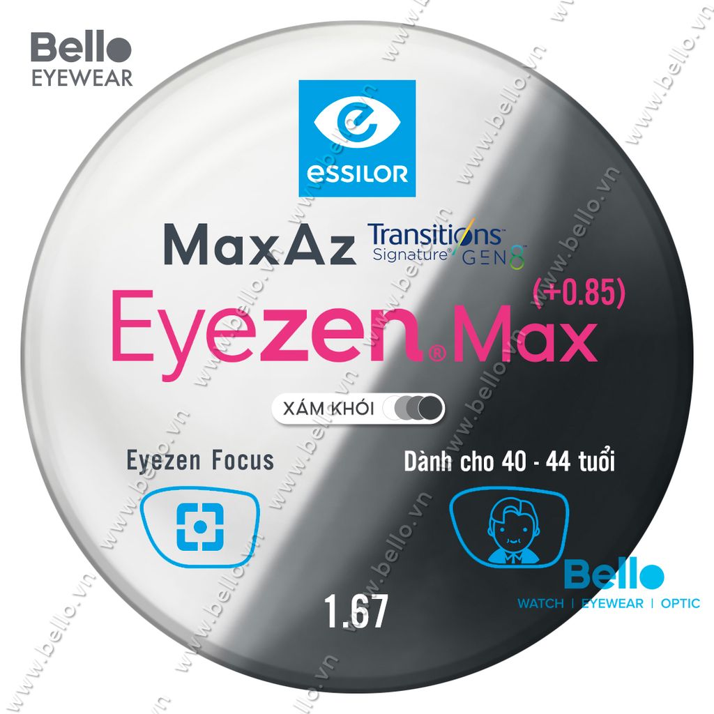  Tròng Kính Chống Mỏi Đổi Màu Essilor Eyezen Max Gen 8 Xám Khói cho người 40 đến 44 tuổi 