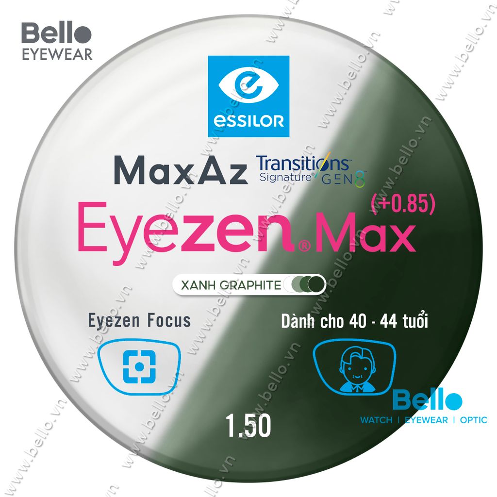  Tròng Kính Chống Mỏi Đổi Màu Essilor Eyezen Max Gen 8 Xanh Lá cho người 40 đến 44 tuổi 