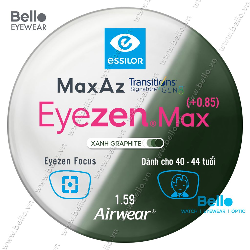  Tròng Kính Chống Mỏi Đổi Màu Essilor Eyezen Max Gen 8 Xanh Lá cho người 40 đến 44 tuổi 