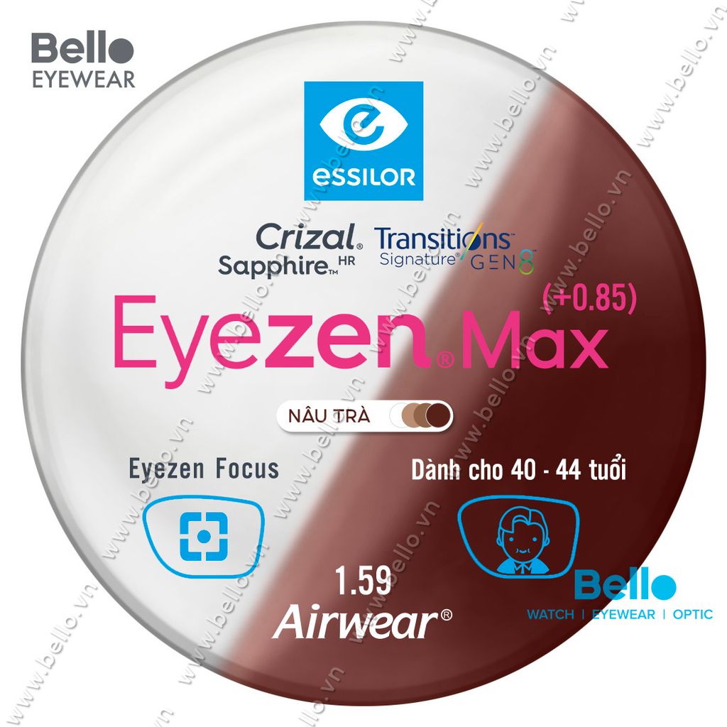  Tròng Kính Chống Mỏi Đổi Màu Essilor Eyezen Max Gen 8 Nâu Trà cho người 40 đến 44 tuổi 