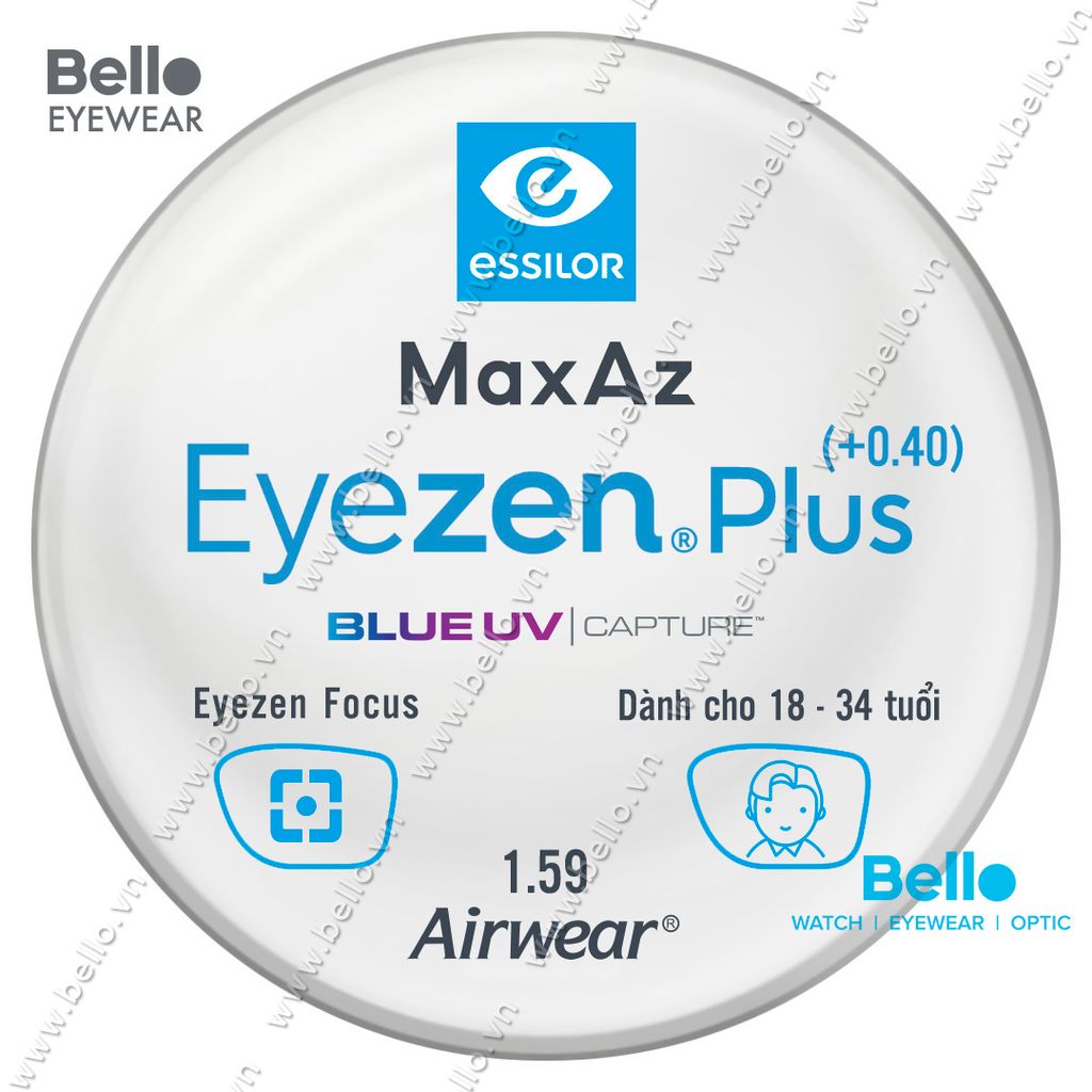  Tròng Kính Chống Mỏi Essilor Eyezen Plus (+0.4) BlueUV Capture cho người 18 đến 34 tuổi 