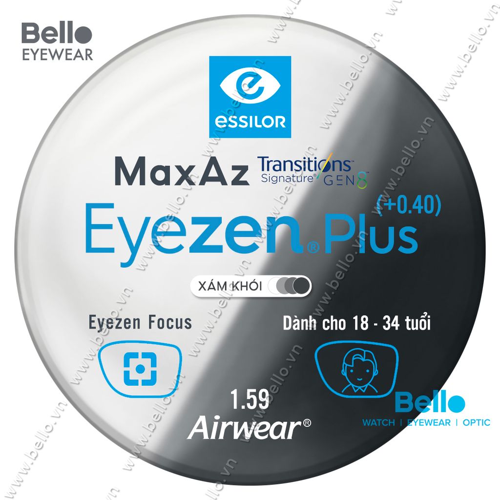  Tròng Kính Chống Mỏi Đổi Màu Essilor Eyezen Plus Gen 8 Xám Khói cho người 18 đến 34 tuổi 