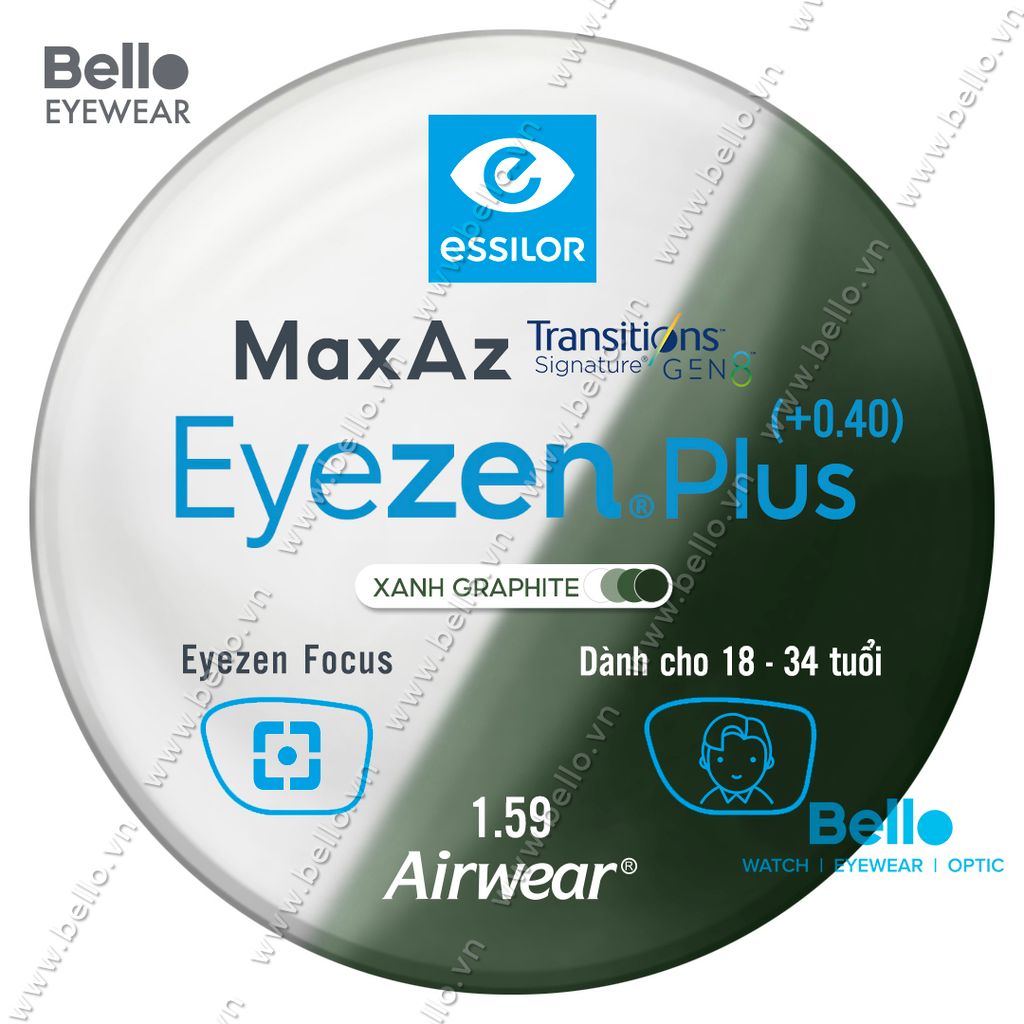  Tròng Kính Chống Mỏi Đổi Màu Essilor Eyezen Plus Gen 8 Xanh Lá cho người 18 đến 34 tuổi 