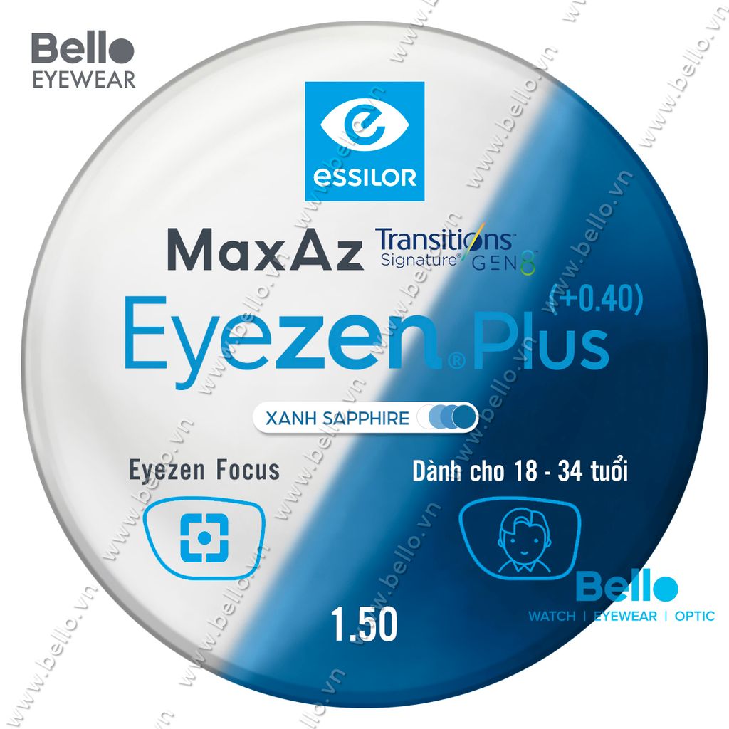  Tròng Kính Chống Mỏi Đổi Màu Essilor Eyezen Plus Gen 8 Xanh Biển cho người 18 đến 34 tuổi 