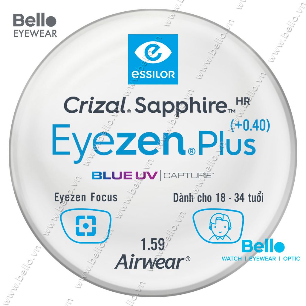  Tròng Kính Chống Mỏi Essilor Eyezen Plus (+0.4) BlueUV Capture cho người 18 đến 34 tuổi 