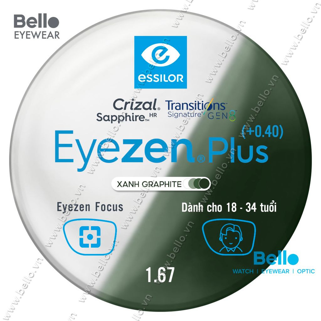  Tròng Kính Chống Mỏi Đổi Màu Essilor Eyezen Plus Gen 8 Xanh Lá cho người 18 đến 34 tuổi 