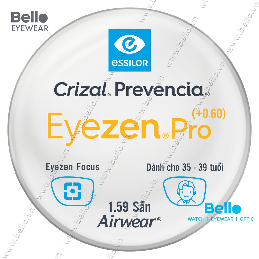  Tròng Kính Chống Mỏi Essilor Eyezen Pro (+0.6) Crizal Prevencia cho người từ 35 đến 39 