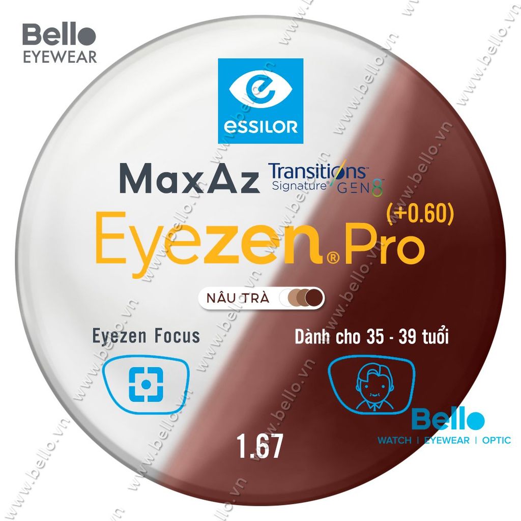  Tròng Kính Chống Mỏi Đổi Màu Essilor Eyezen Pro Gen 8 Nâu Trà cho người 35 đến 39 tuổi 