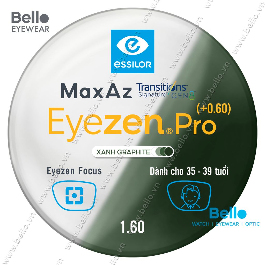  Tròng Kính Chống Mỏi Đổi Màu Essilor Eyezen Pro Gen 8 Xanh Lá cho người 35 đến 39 tuổi 