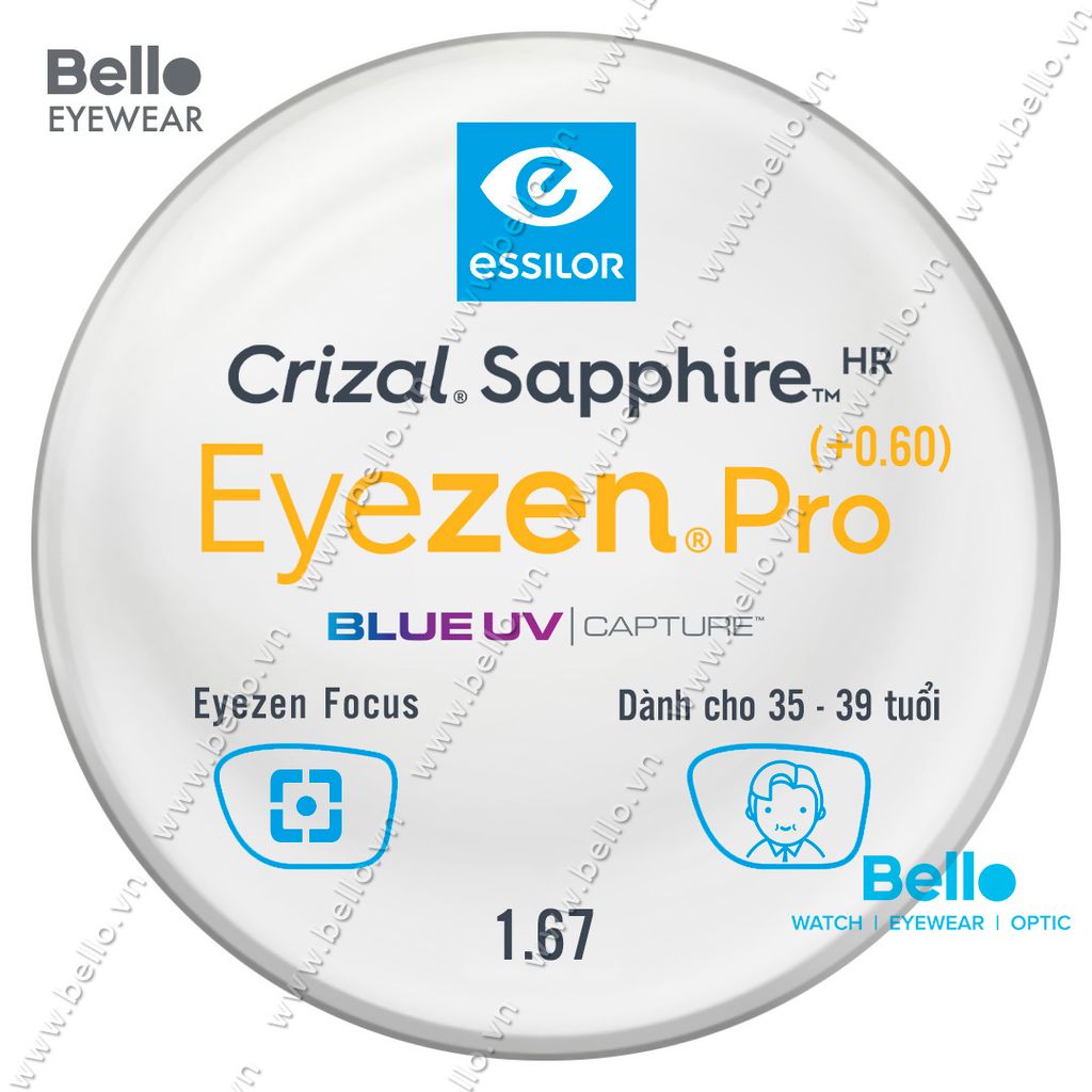  Tròng Kính Chống Mỏi Essilor Eyezen Pro (+0.6) BlueUV Capture cho người 35 đến 39 tuổi 