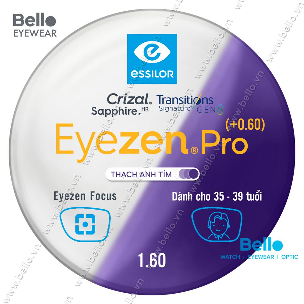  Tròng Kính Chống Mỏi Đổi Màu Essilor Eyezen Pro Gen 8 Thạch Anh Tím cho người 35 đến 39 tuổi 