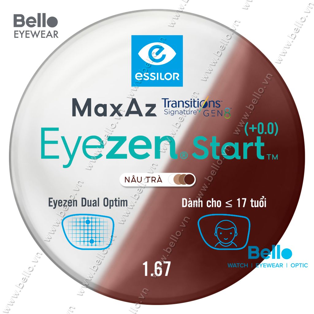  Tròng Kính Chống Mỏi Đổi Màu Essilor Eyezen Start Gen 8 Nâu Trà cho người dưới 17 tuổi 