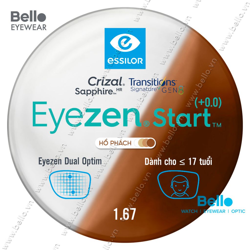  Tròng Kính Chống Mỏi Đổi Màu Essilor Eyezen Start Gen 8 Hổ Phách Amber cho người dưới 17 tuổi 