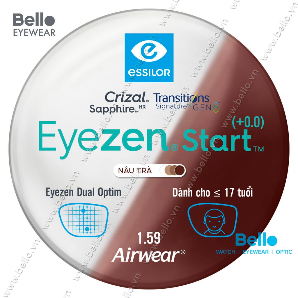  Tròng Kính Chống Mỏi Đổi Màu Essilor Eyezen Start Gen 8 Nâu Trà cho người dưới 17 tuổi 