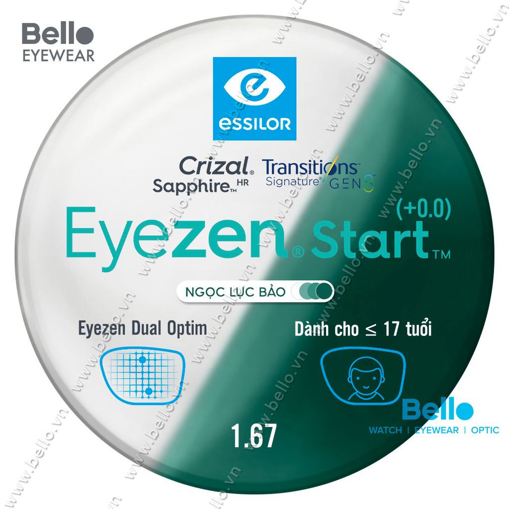  Tròng Kính Chống Mỏi Đổi Màu Essilor Eyezen Start Gen 8 Ngọc Lục Bảo cho người dưới 17 tuổi 