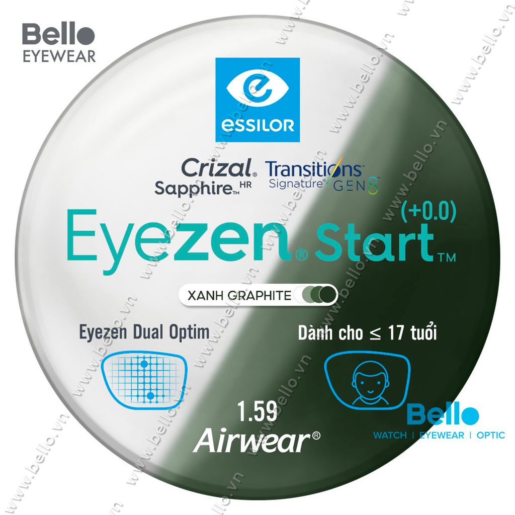  Tròng Kính Chống Mỏi Đổi Màu Essilor Eyezen Start Gen 8 Xanh Lá cho người dưới 17 tuổi 