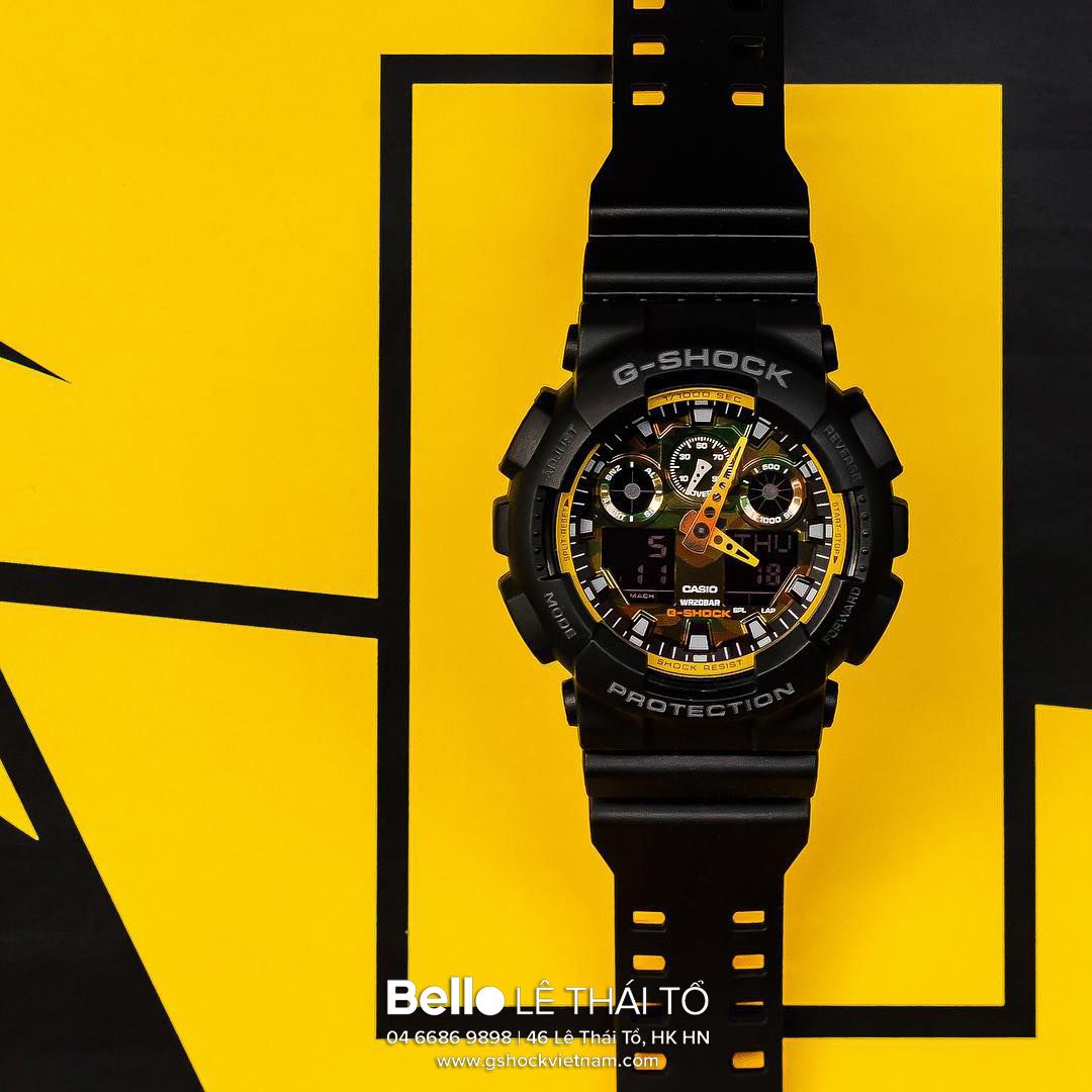 GA-100BY-1A - Đồng hồ Casio G-Shock chính hãng - Mặt Camo vàng Dây 2 lớp vàng đen