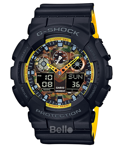 GA-100BY-1A - Đồng hồ Casio G-Shock chính hãng - Mặt Camo vàng Dây 2 lớp vàng đen