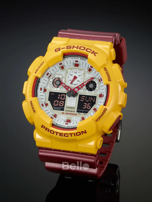 GA-100CS-9A - Đồng hồ Casio G-Shock chính hãng - Mặt trắng, vỏ vàng, dây đỏ đun