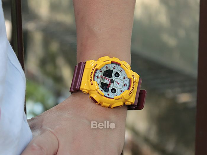 GA-100CS-9A - Đồng hồ Casio G-Shock chính hãng - Mặt trắng, vỏ vàng, dây đỏ đun