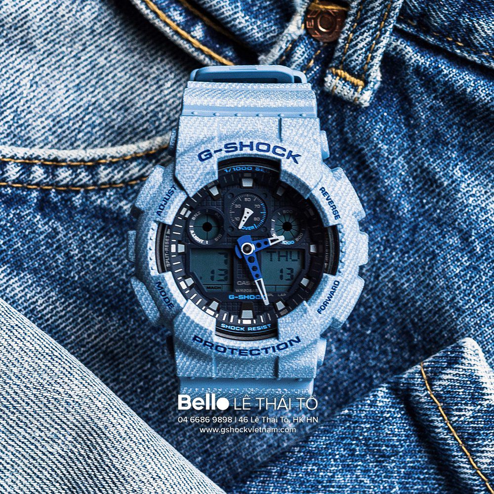 Đồng hồ Casio G-Shock Chính hãng GA-100DE-2A - Mặt Đen Dây vỏ Denim xanh