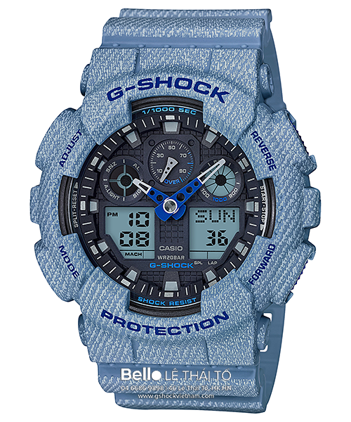 Đồng hồ Casio G-Shock Chính hãng GA-100DE-2A - Mặt Đen Dây vỏ Denim xanh