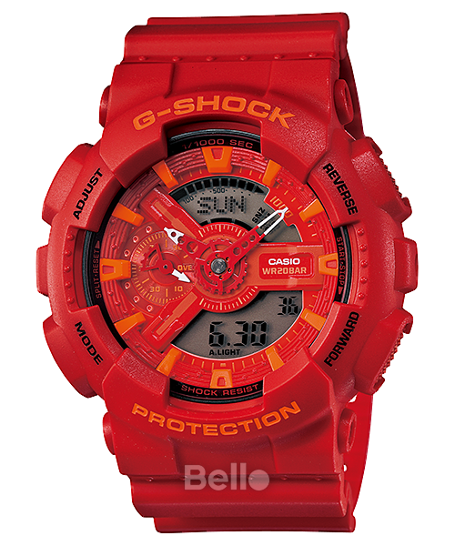 GA-110AC-4A - Đồng hồ Casio G-Shock chính hãng Dây, vỏ màu đỏ với điểm nhấn màu cam.