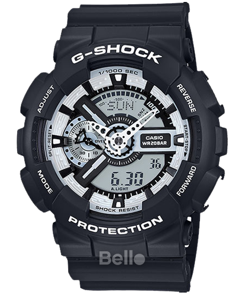 GA-110BW-1A - Đồng hồ Casio G-Shock chính hãng - Dây đen nhám, điểm nhấn trắng nổi bật.