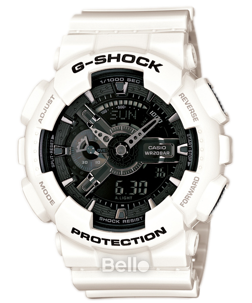 GA-110GW-7A - Đồng hồ Casio G-Shock chính hãng - Dây trắng bóng, mặt đen bóng, tương phản và nổi bật.