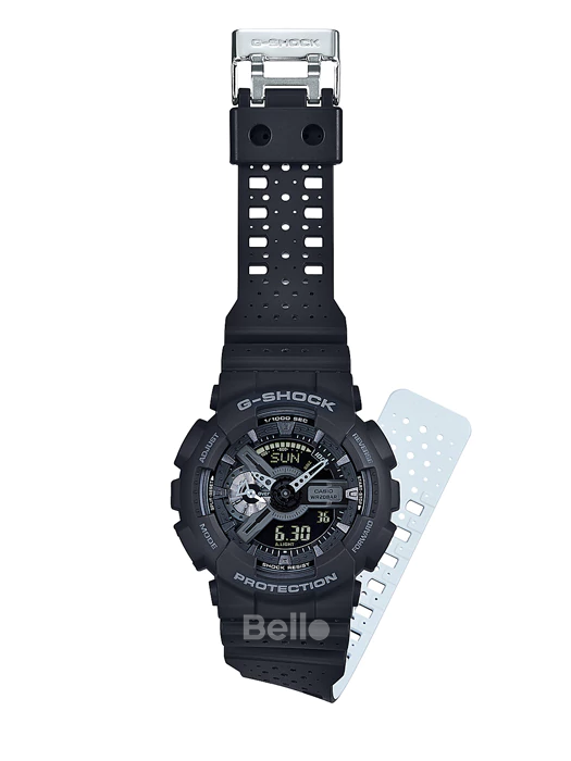 GA-110LP-1A - Đồng hồ Casio G-Shock chính hãng - Dây đen trơn, thiết kế kiểu dây đục lỗ giúp cổ tay bạn thoáng hơn khi đeo.