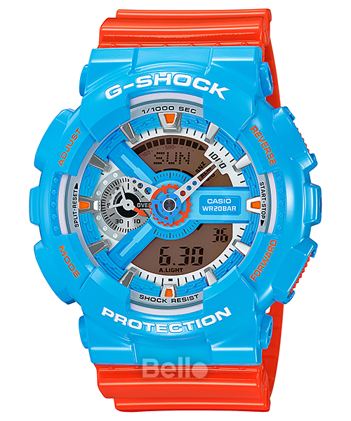 GA-110NC-2A - Đồng hồ Casio G-Shock chính hãng - Dây cam kết hợp vỏ xanh bóng tạo nên một hình ảnh thời trang độc đáo.