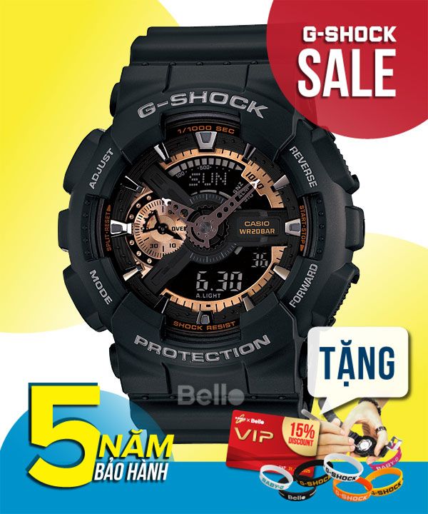 GA-110RG-1A - Đồng hồ Casio G-Shock chính hãng - Vỏ đen nhám, điểm nhấn vàng hồng nổi bật.