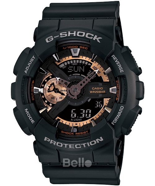 GA-110RG-1A - Đồng hồ Casio G-Shock chính hãng - Vỏ đen nhám, điểm nhấn vàng hồng nổi bật.
