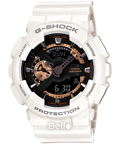 GA-110RG-7A - Đồng hồ Casio G-Shock chính hãng -Vỏ trắng nhám, điểm nhấn vàng hồng nổi bật.