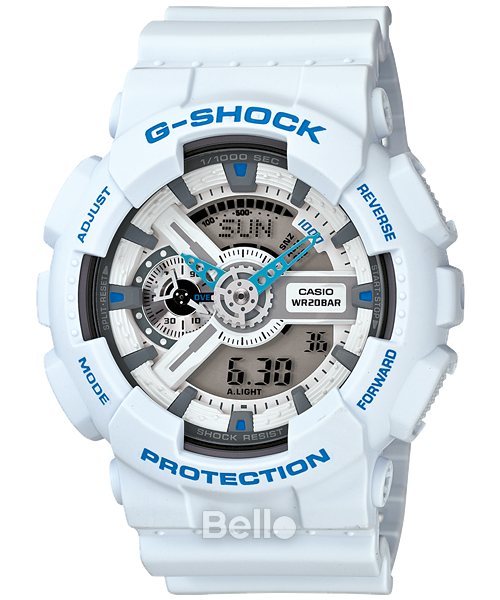 GA-110SN-7A - Đồng hồ Casio G-Shock chính hãng - Dây trắng nhám, điểm nhấn xanh dương nổi bật.