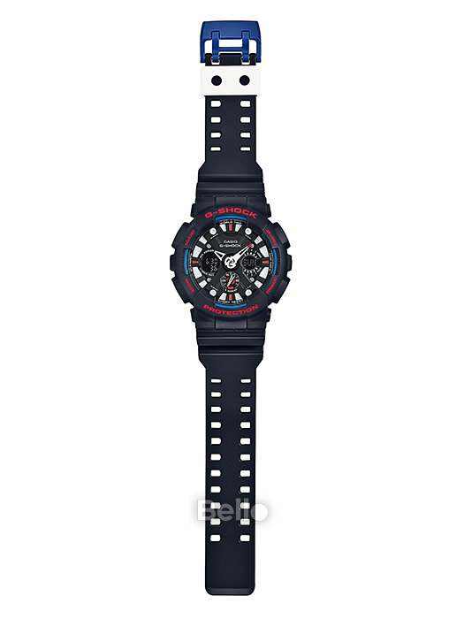 GA-120TR-1A - Đồng hồ Casio G-Shock chính hãng - Ba màu họa tiết (lam, trắng, đỏ) trên nền đen chủ đạo.