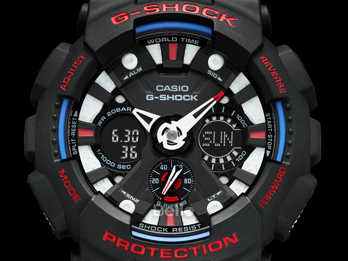 GA-120TR-1A - Đồng hồ Casio G-Shock chính hãng - Ba màu họa tiết (lam, trắng, đỏ) trên nền đen chủ đạo.