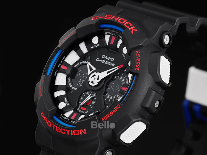 GA-120TR-1A - Đồng hồ Casio G-Shock chính hãng - Ba màu họa tiết (lam, trắng, đỏ) trên nền đen chủ đạo.