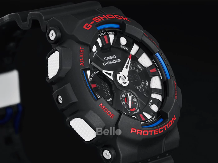 GA-120TR-1A - Đồng hồ Casio G-Shock chính hãng - Ba màu họa tiết (lam, trắng, đỏ) trên nền đen chủ đạo.