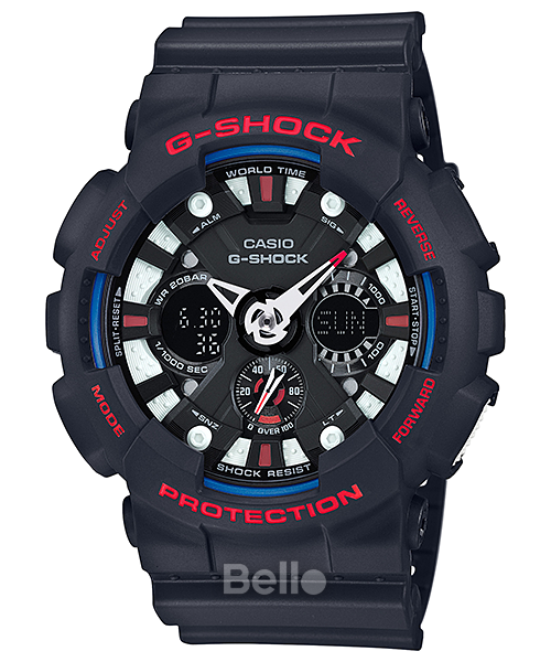 GA-120TR-1A - Đồng hồ Casio G-Shock chính hãng - Ba màu họa tiết (lam, trắng, đỏ) trên nền đen chủ đạo.