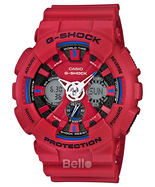 GA-120TR-4A - Đồng hồ Casio G-Shock chính hãng - Ba màu sắc chủ đạo (lam, trắng, đỏ).