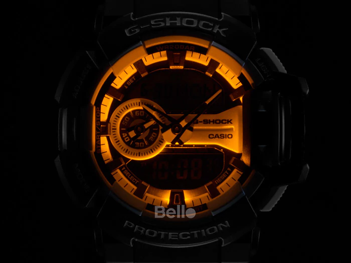GA-400-1A - Đồng hồ Casio G-Shock chính hãng - Dây bóng mờ, khóa bằng nhựa, núm vặn điều chỉnh chức năng.
