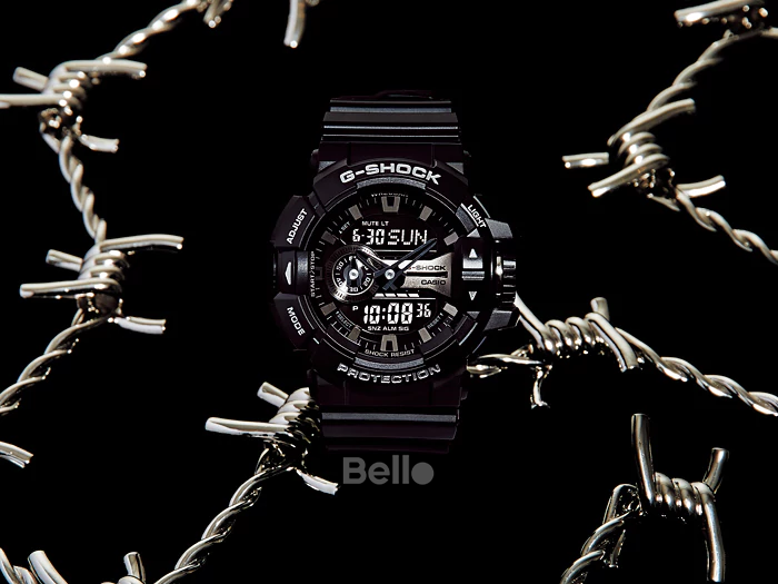 GA-400GB-1A - Đồng hồ Casio G-Shock chính hãng - Dây đen mờ, mặt bạc mờ, khóa nhựa, núm điều chỉnh chức năng.