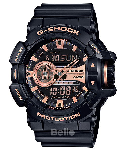 GA-400GB-1A4 - Đồng hồ Casio G-Shock chính hãng - Dây đen mờ, mặt đồng mờ, khóa nhựa, núm điều chỉnh chức năng.